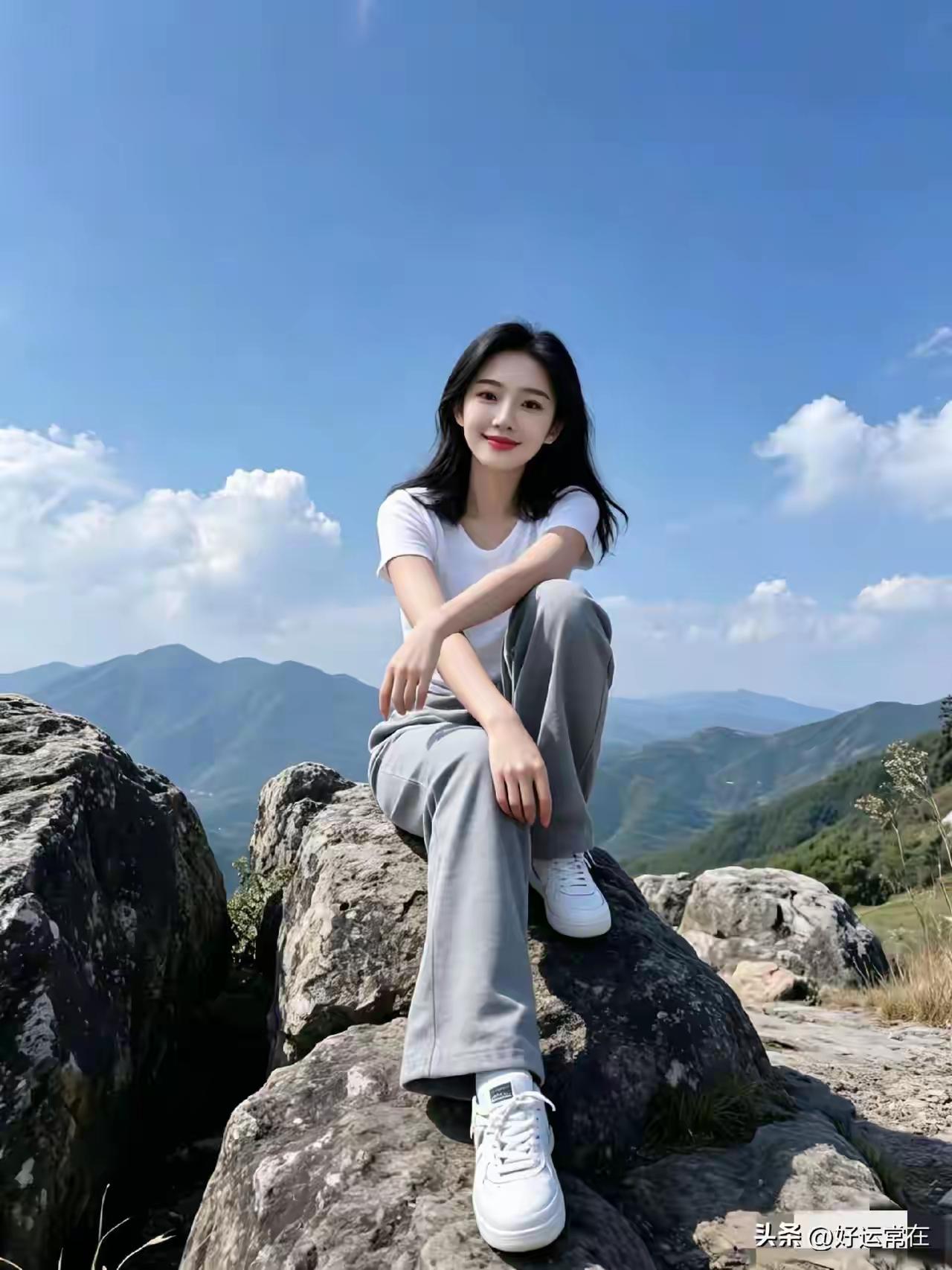 山间少女，悠然自得，与大自然融为一体。