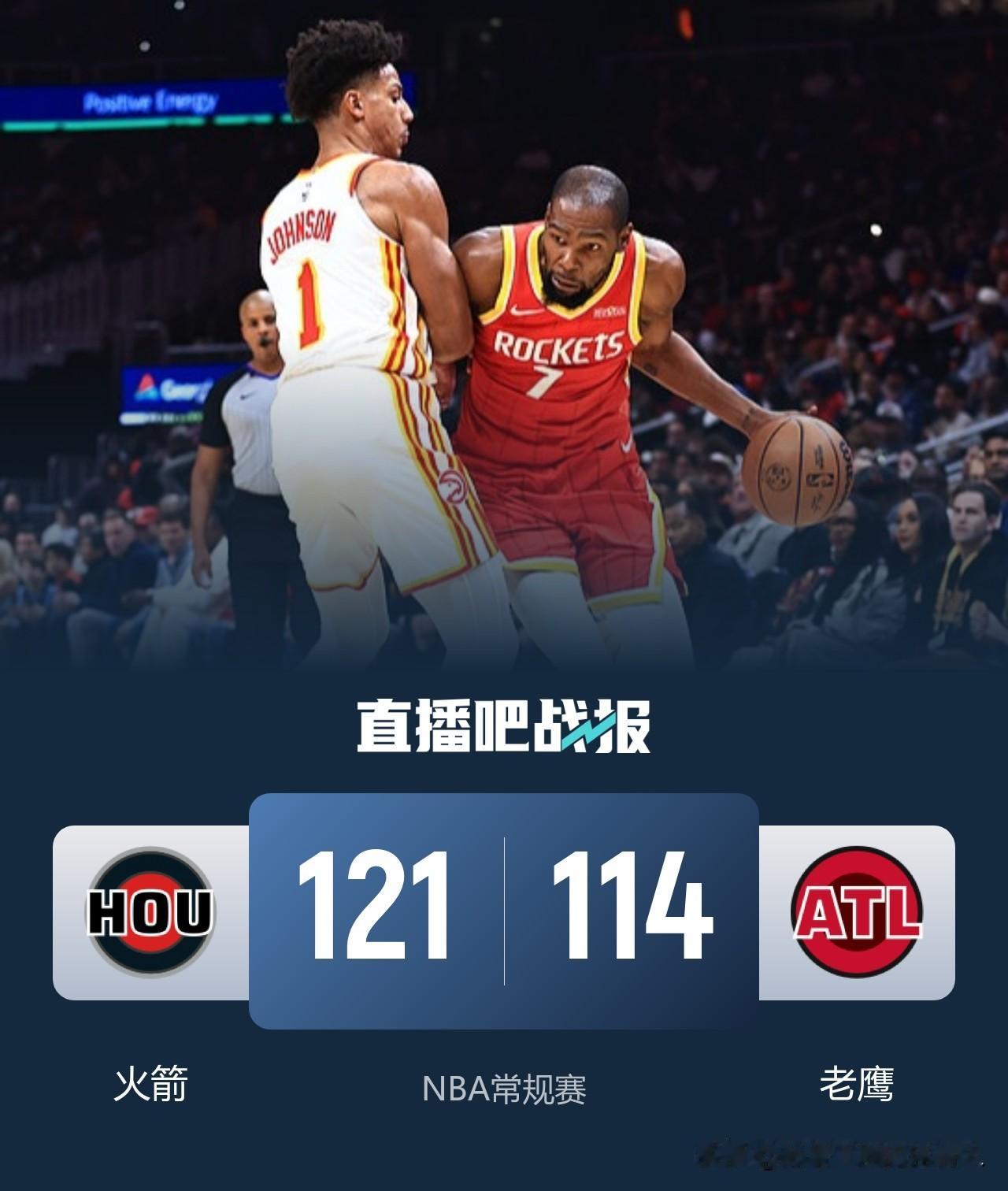 7人得分上双客场力克老鹰
火箭121:114击败老鹰迎来三连胜
今天范弗里特、斯