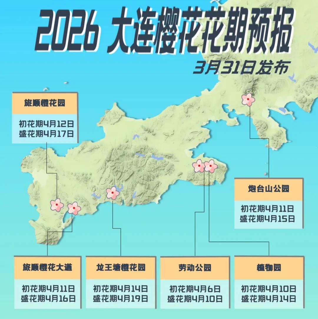 根据气候条件，今年4月中旬开始，大连市将进入樱花的观赏期，单瓣樱花的初花期和盛花