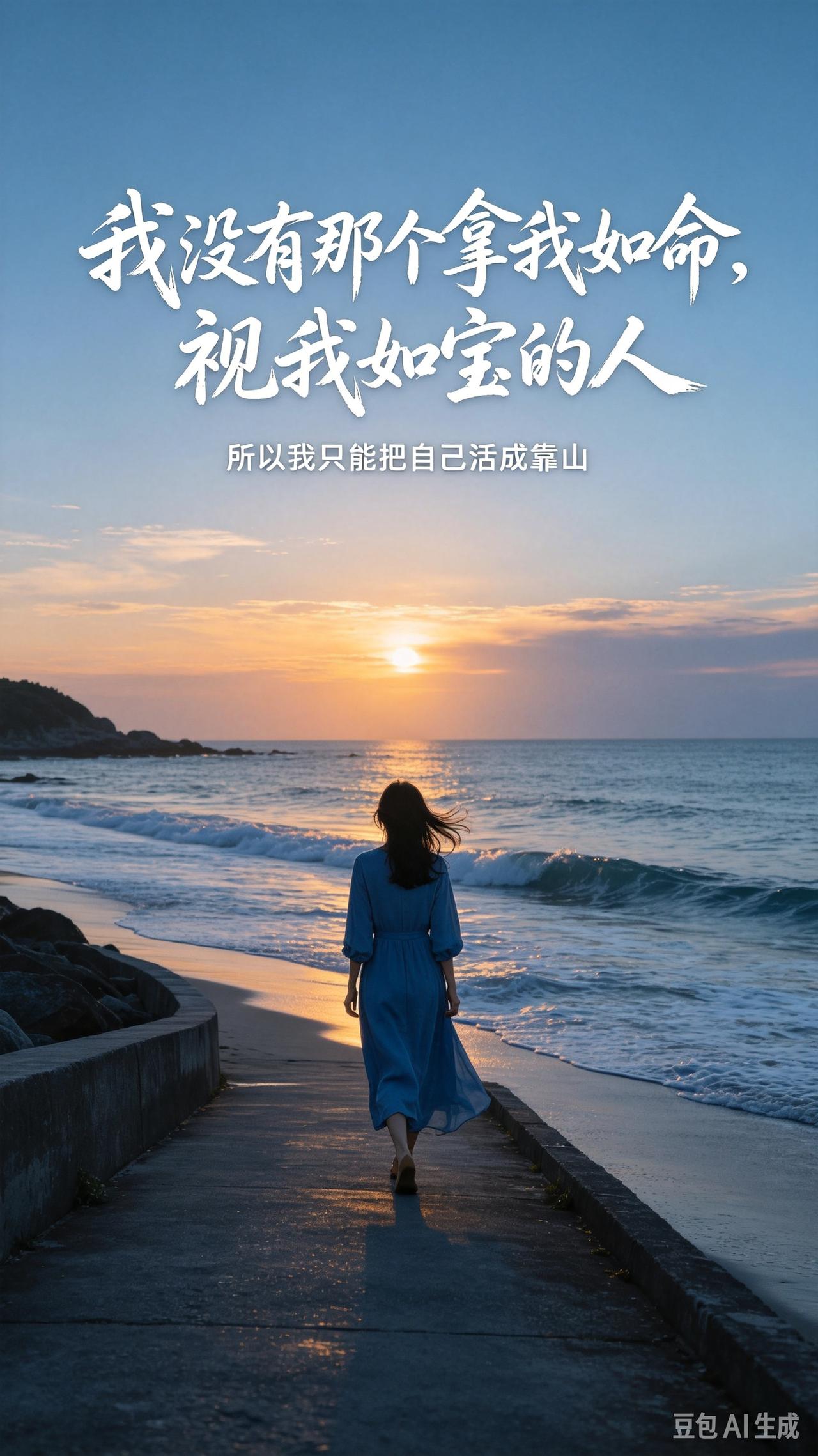 海边女人的人生感悟，看完破防了
 
在暮色温柔的海边步道，一位身着蓝衣的女子独自