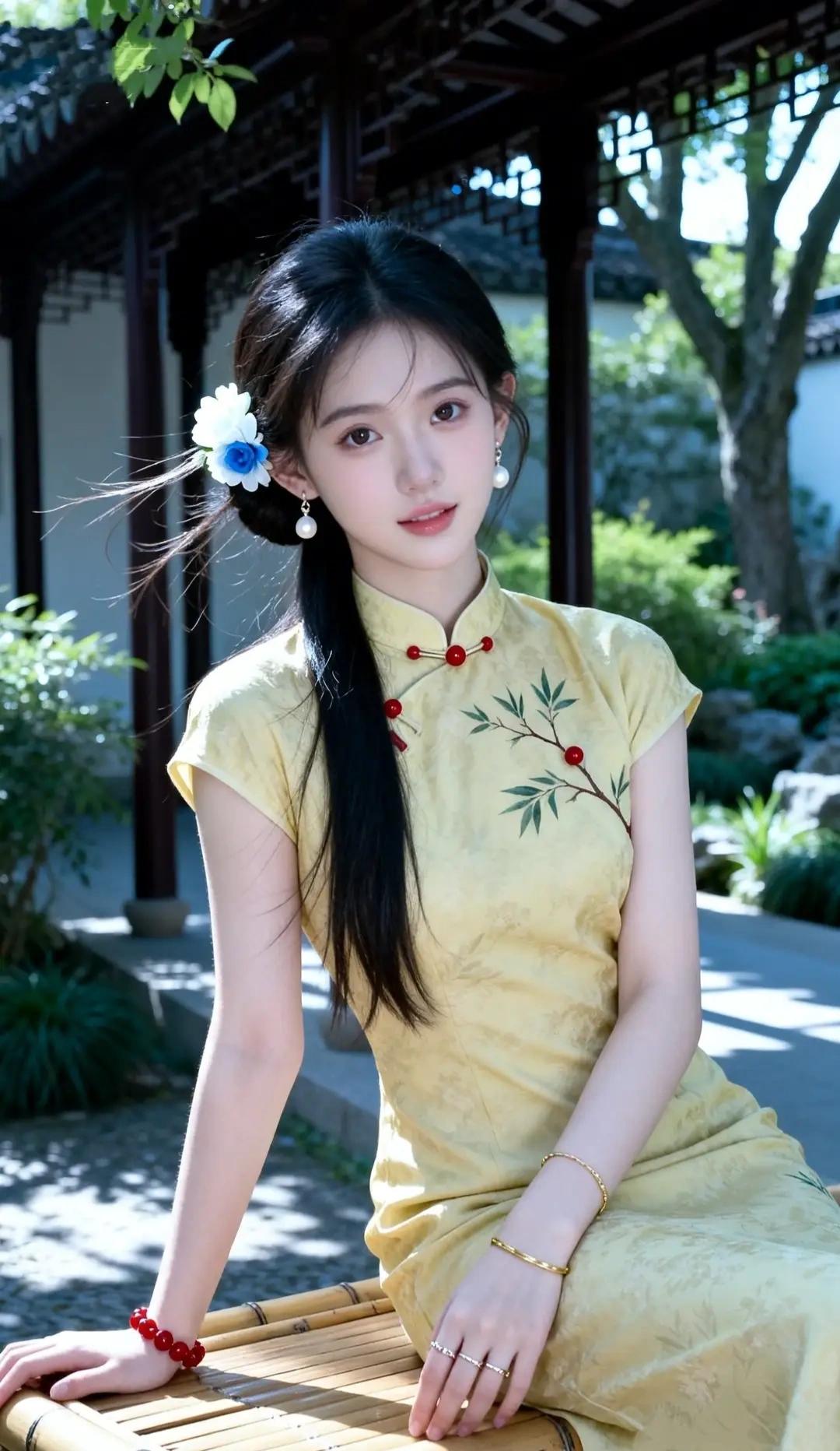 画面中的女子身着淡黄色短款旗袍，面料温润，暗纹雅致，领口处红色盘扣与枝叶刺绣相映