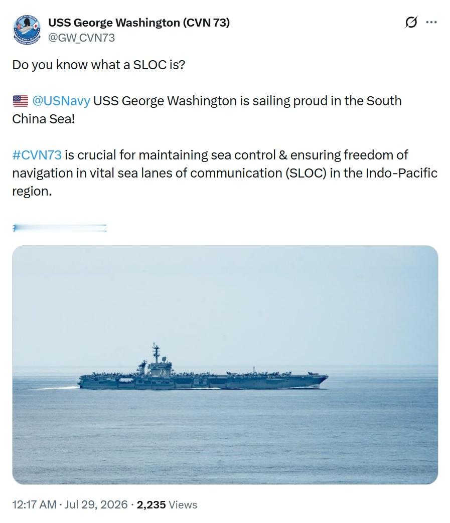 美国海军华盛顿号航母官方账号发布的内容：“你知道什么是海上交通线(SLOC)吗？