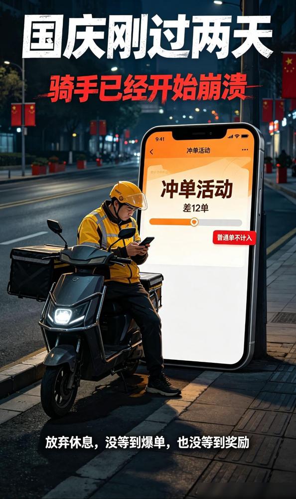 国庆长假前后，不少外卖骑手一度心态崩了。

坦白讲，这种事年年都有。每到长假，平
