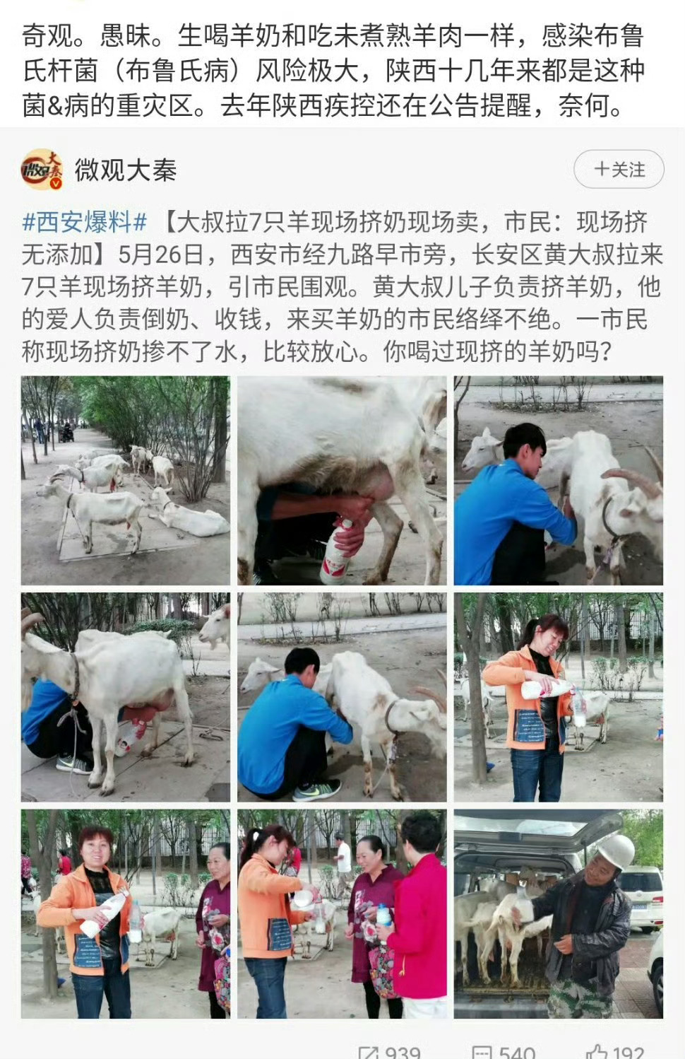 街头现挤鲜羊奶10元一斤供不应求¹ 理解不了这些人，万一感染布鲁氏菌孩子得布病，