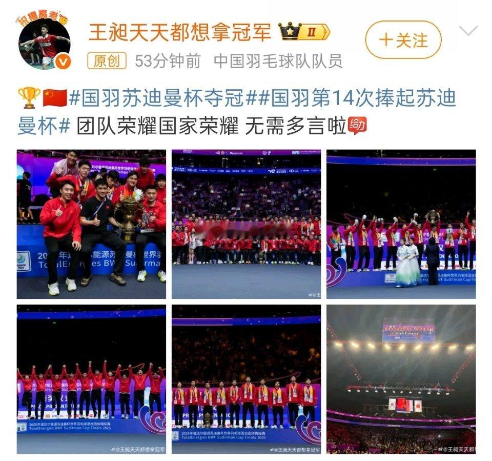 王昶苏迪曼杯后发博王昶：“团队荣耀，国家荣耀！”继续加油，再创佳绩！ ​​​