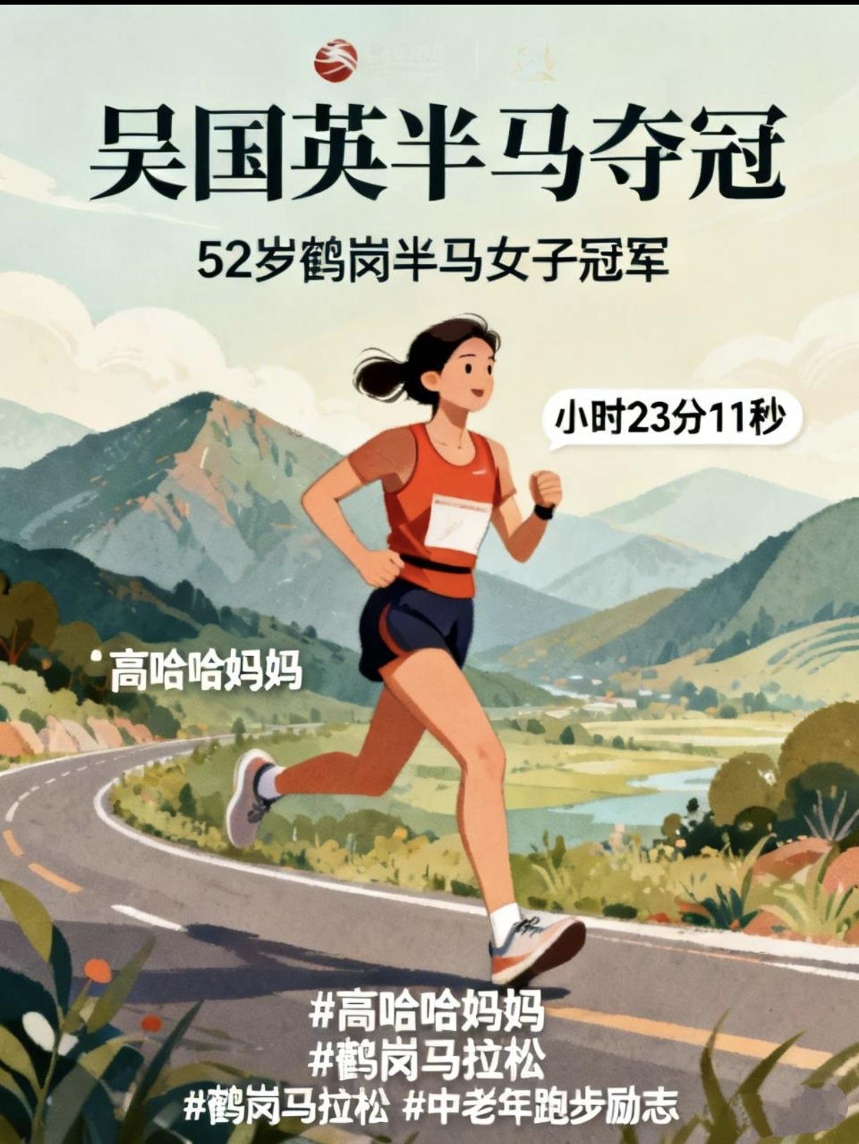 惊喜不断！52岁吴国英拿下鹤岗半马女子冠军，成绩1小时23分11秒，力克一众好手