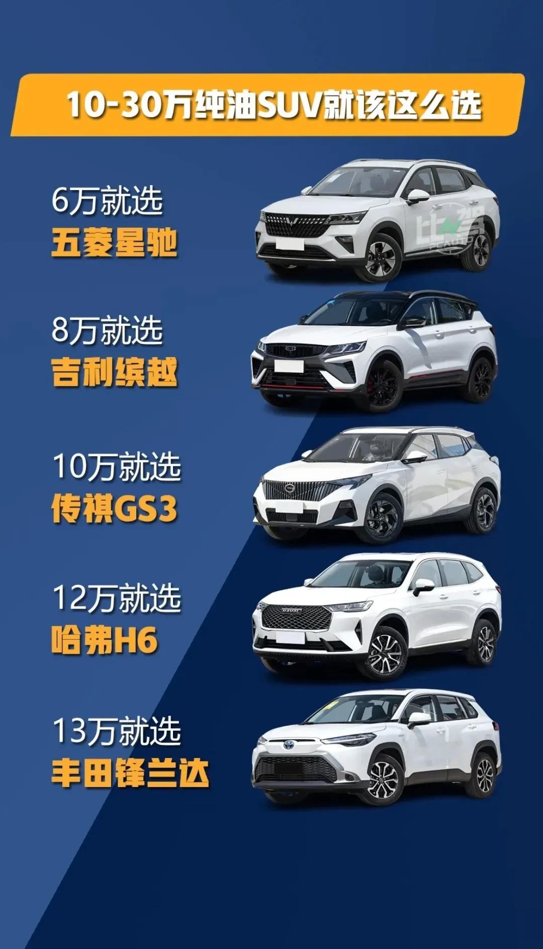 6万-30万纯油SUV这样选准没错[灵光一闪]。