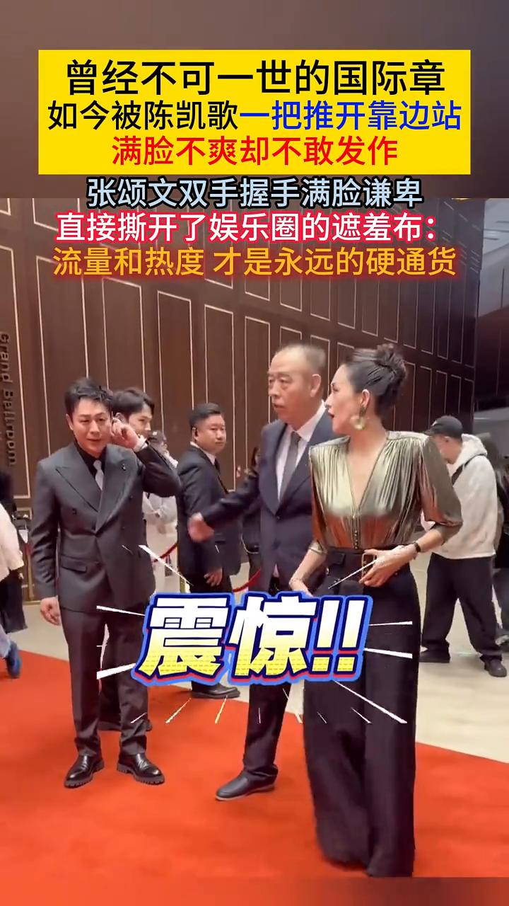 曾经不可一世的国际章，如今被陈凯歌一把推开靠边站，满脸不爽却不敢发作。张颂文双手