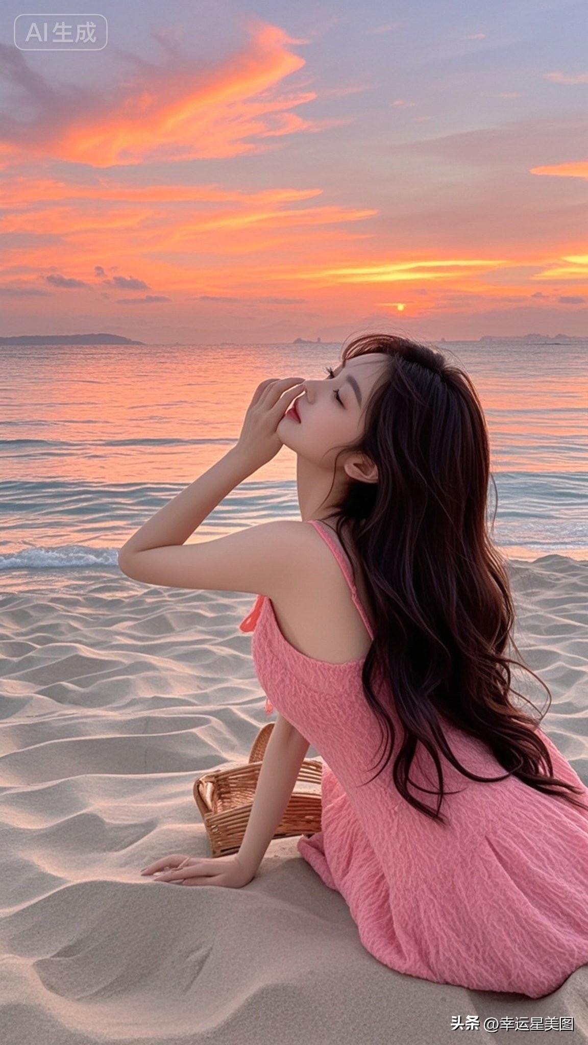 海边日落，粉裙飘逸，少女心满满