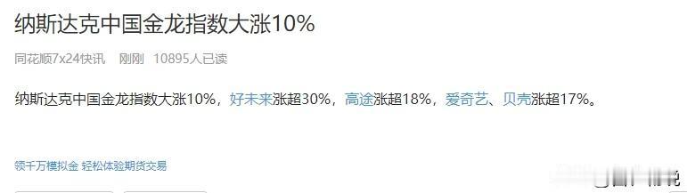 彻底疯了，富时A50期指现在涨了3.4%，纳斯达克金龙指数涨幅超过10%了！
大