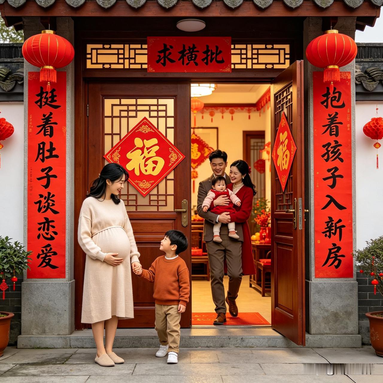 上联：挺着肚子谈恋爱
下联：抱着孩子入新房
 
这副联带着生活的烟火气与甜蜜，从