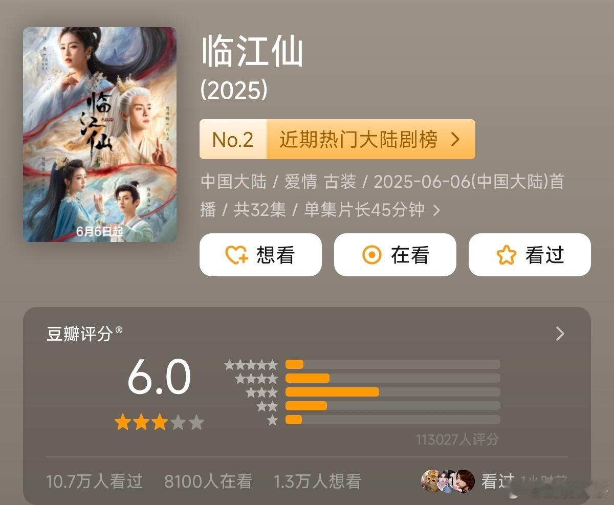 暑假档古偶豆瓣评分6.06🥝    《临江仙》       6.0分6.25?