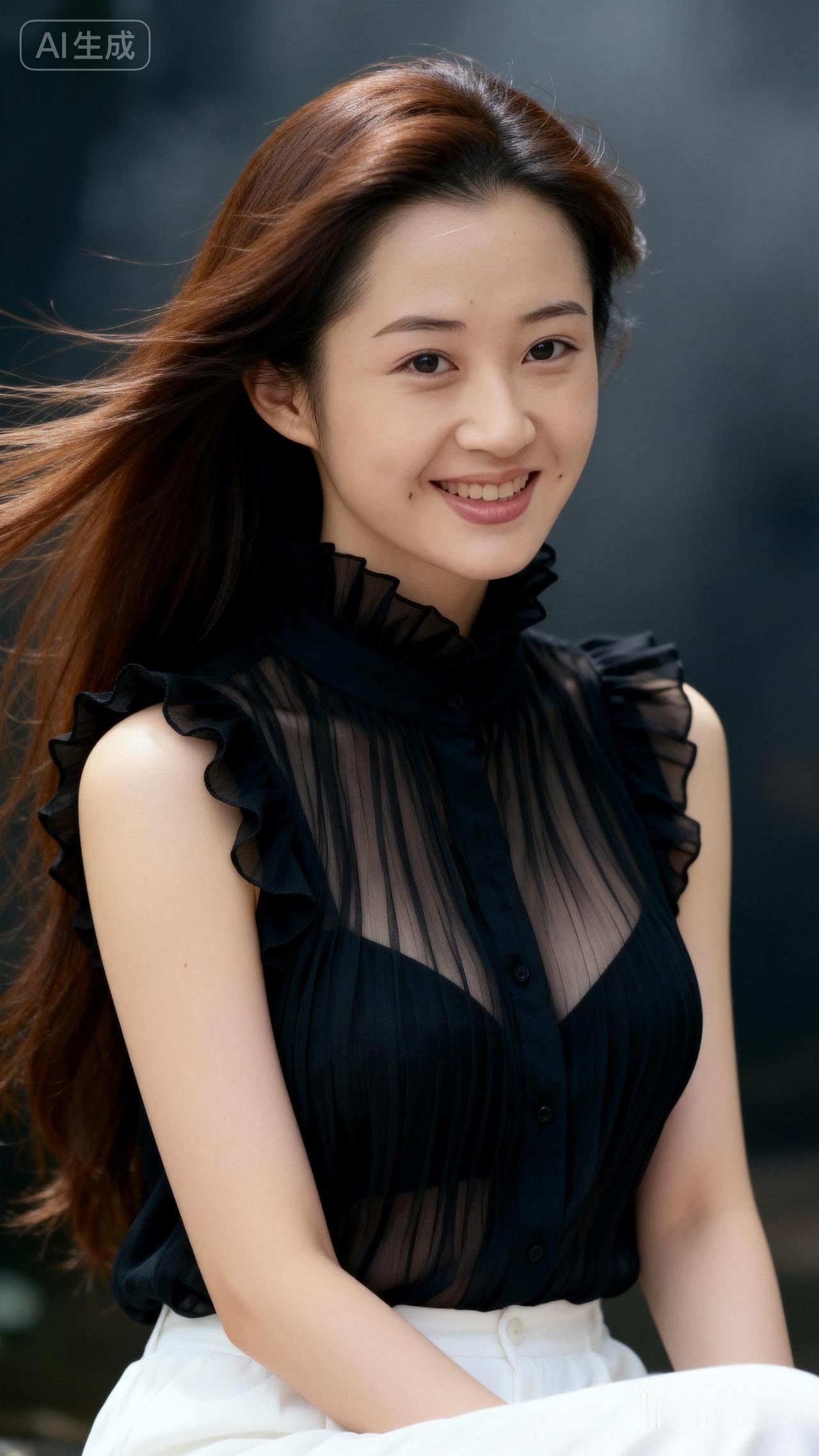 优雅黑纱衫，甜美笑容，自然风中飘逸，尽显女性魅力！🌸💃