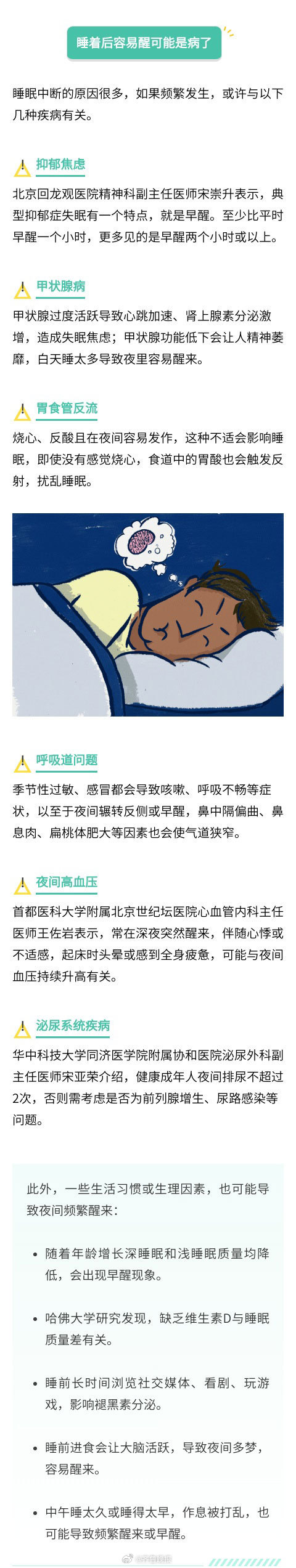 #日常实用大全#【#睡到半夜老醒可能是这6种病#】夜里睡不好的人，“痛苦”各不相