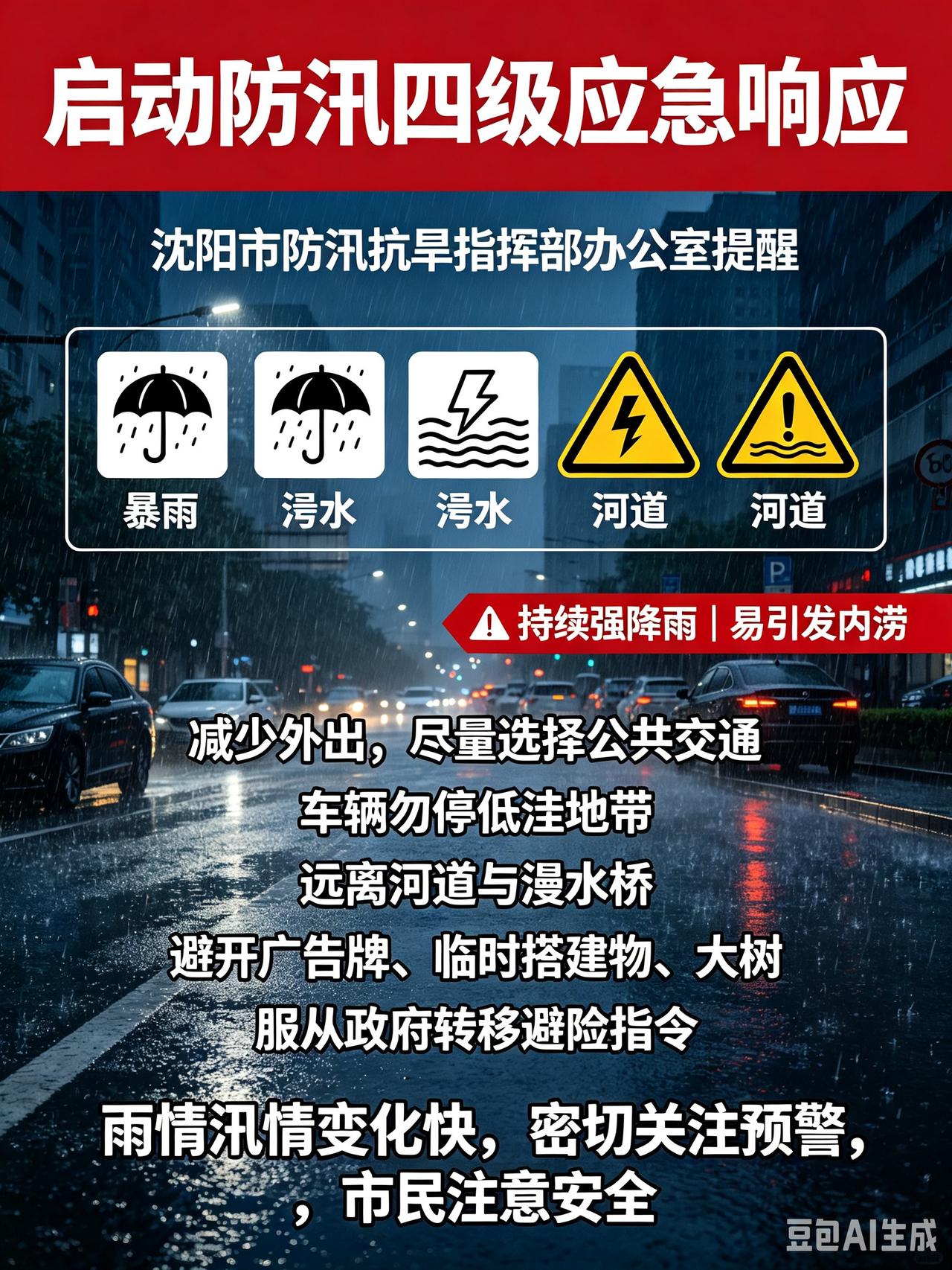 沈阳市防汛抗旱指挥部办公室自7月3日9时起启动防汛四级应急响应，持续强降雨极易引