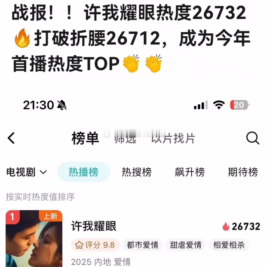 赵露思《许我耀眼》空降播出，目前腾讯视频站内热度破26732，成为腾讯视频今年首