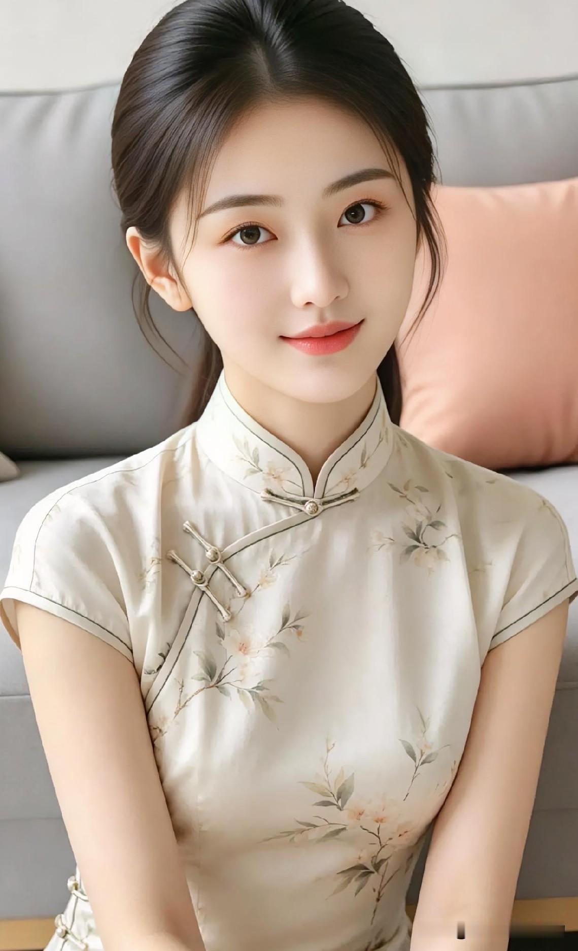 素雅旗袍承托水墨淡彩，温婉笑意晕染春日柔情。清澈明眸流转东方灵韵，如兰风姿自现，