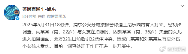 【#上海公安通报迪士尼乐园内打架事件#】6月1日，上海浦东公安分局通报发布通报：