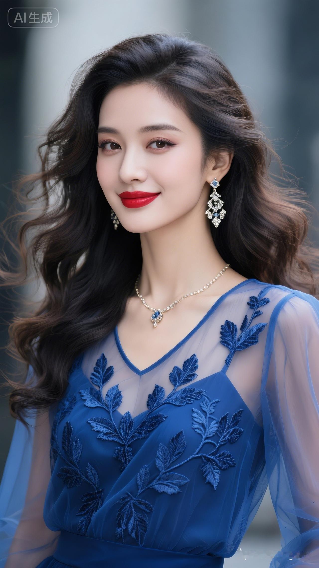 优雅蓝裙，精致妆容，闪耀耳环，尽显迷人魅力！💃💎✨