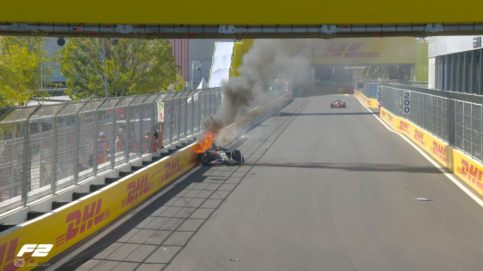 F2马德里站练习赛，因事故红旗🚩，赛车起火🔥F1[超话]2026F1西班牙大