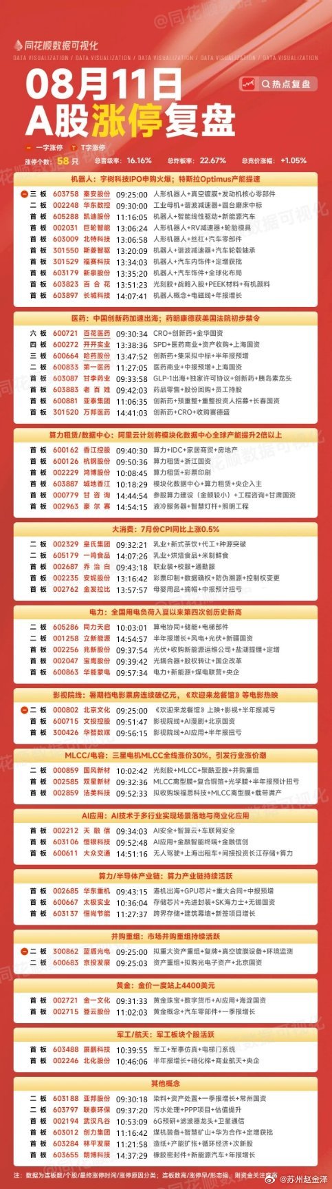 8月11日涨停板复盘机器人10家涨停医药8家涨停算力租赁数据中心6家涨停大消费5