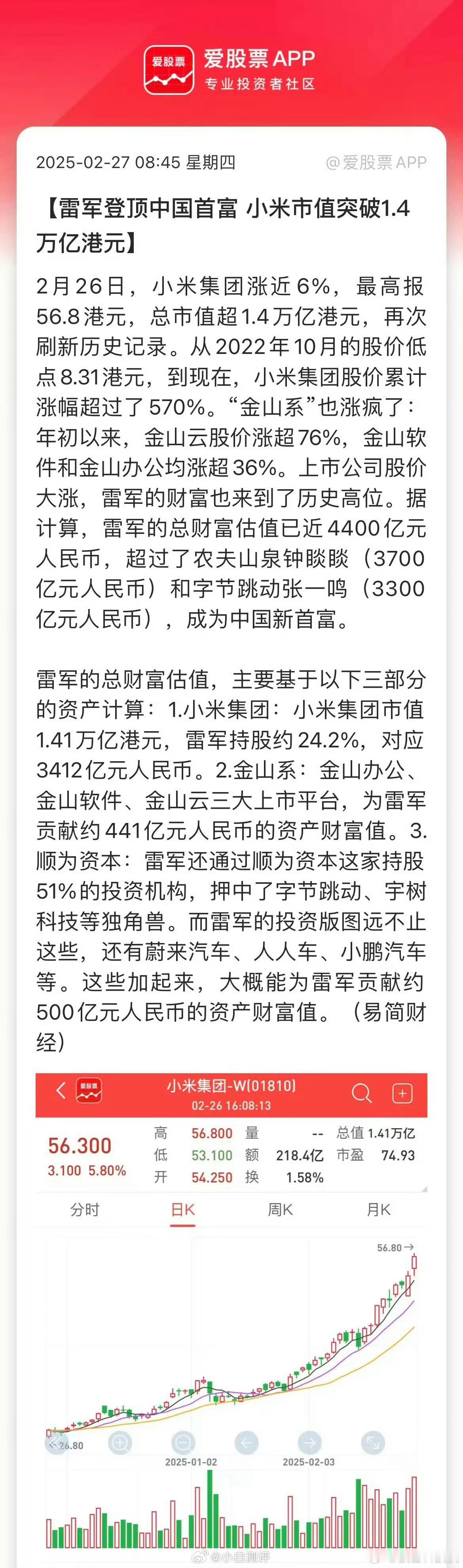 雷军身家超钟睒睒登顶中国首富 我靠，雷军财富4300亿人民币！发现没？没有雷军不