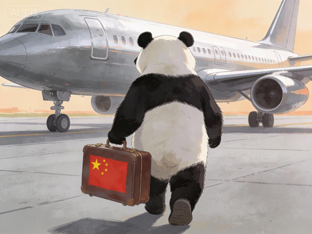 俄新社发了张漫画，一只大熊猫拎着五星红旗箱子，头也不回地走向中国客机——配文更直