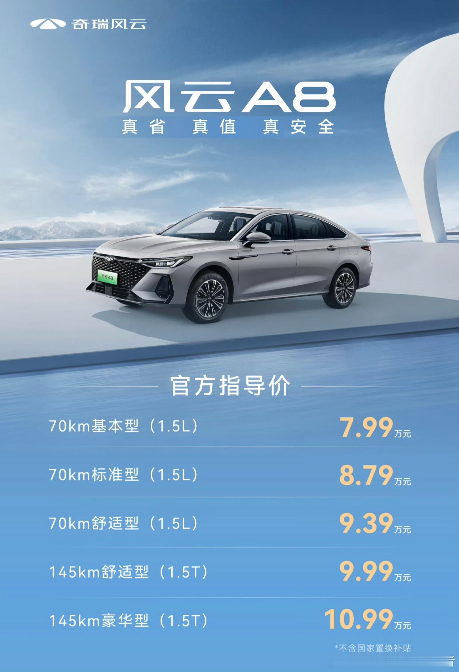 奇瑞风云A8，70km版本售价7.99万至9.39万，均采用1.5L发动机。14