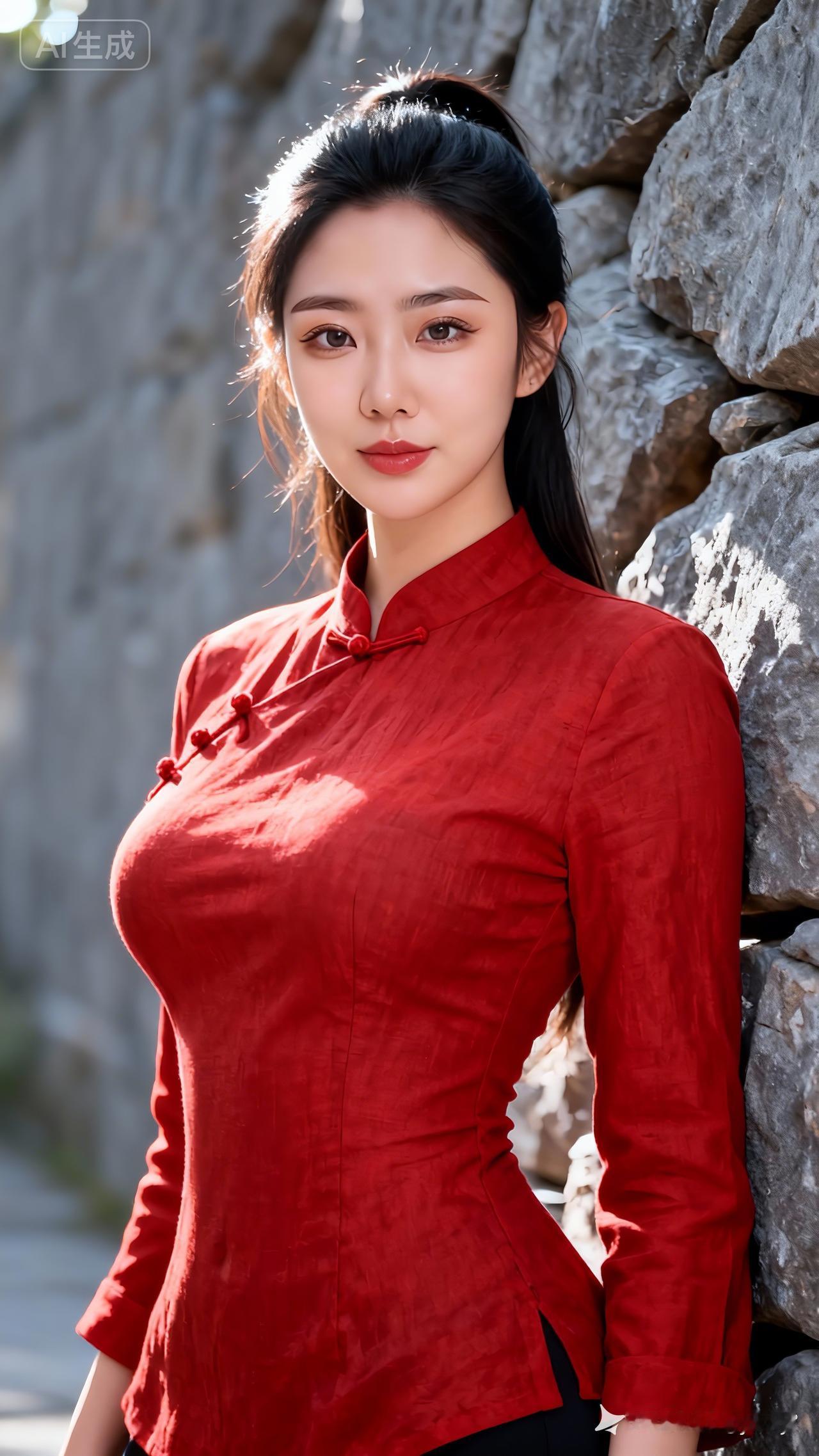 红衣少女倚石而立，阳光洒落，宛如画中人。