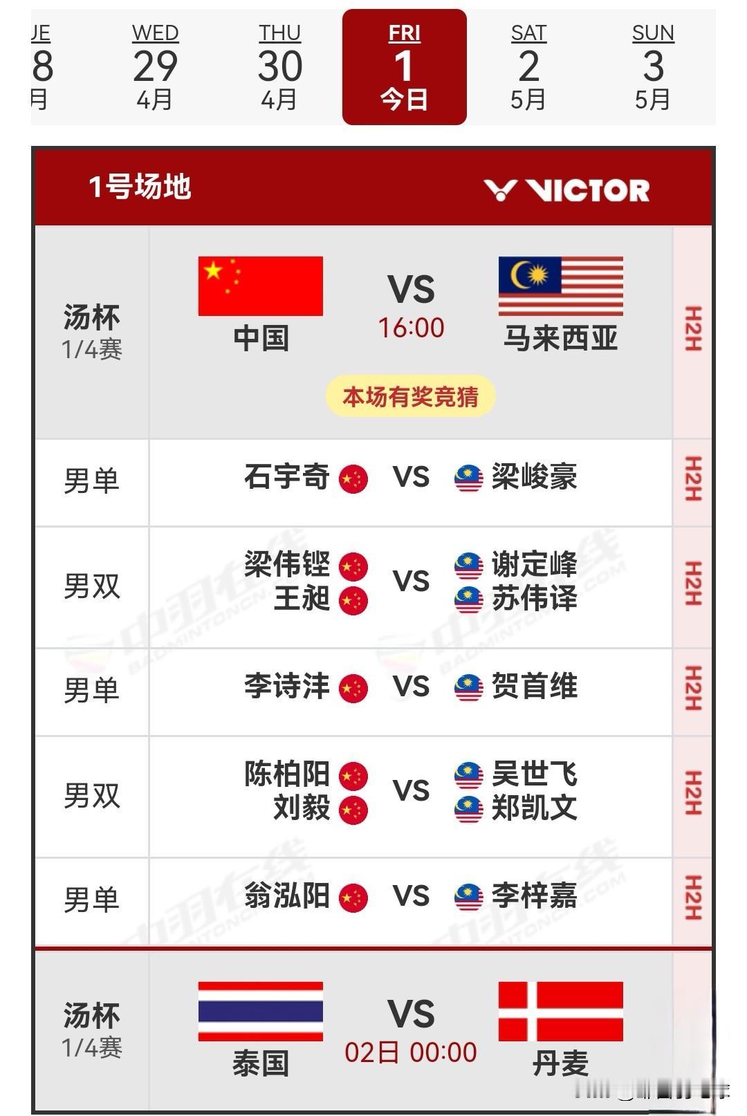 5月1日2026汤尤杯男团1/4决赛赛程安排

昨日，女团1/4决赛全部收官。中