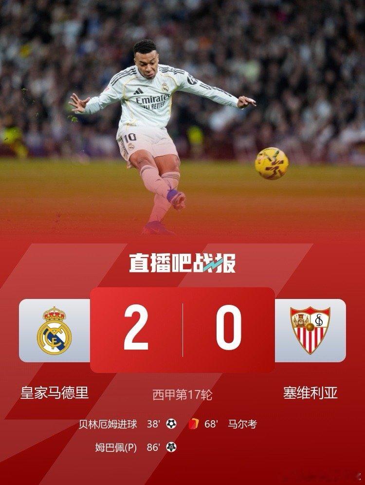 北京时间12月21日凌晨4:00，2025-26赛季西甲联赛第17轮，皇马坐镇伯