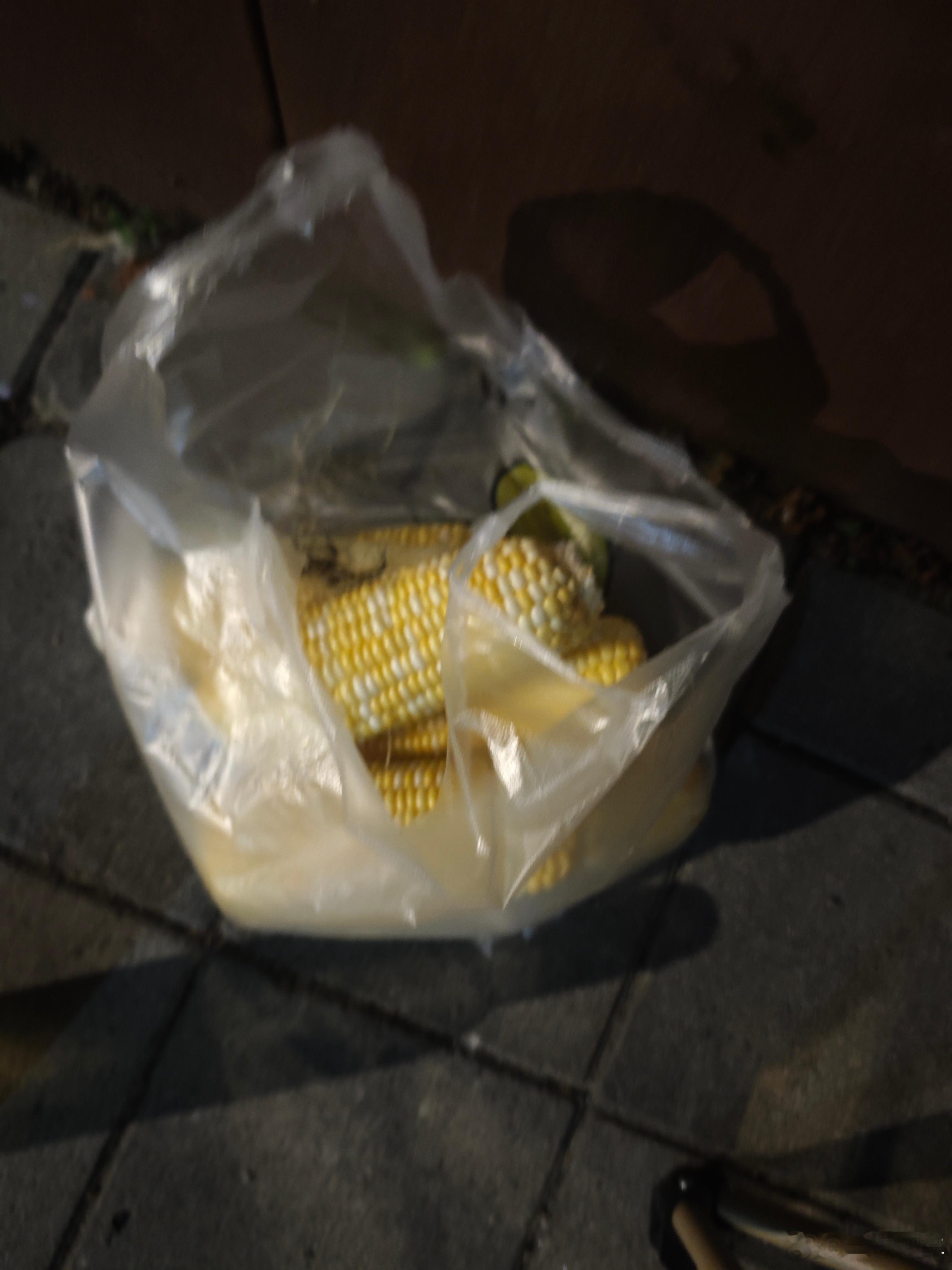 现场去旁边买玉米让烧烤老板帮我们烤 老板这里只有肉跟火腿肠 老香了 这一袋6根玉