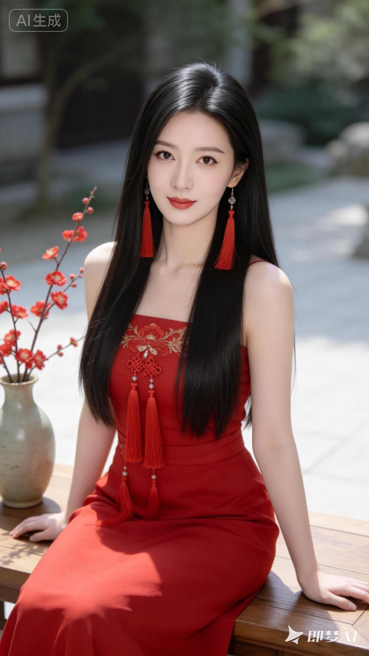 惊艳的东方美人，红衣飘逸，古风韵味十足！🌸💃