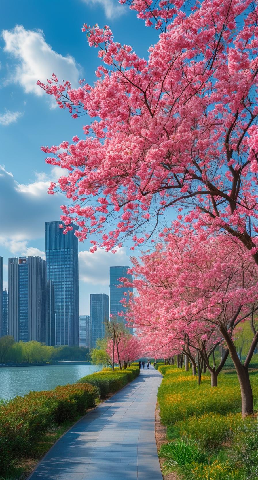 粉樱映碧水，春意满城来。