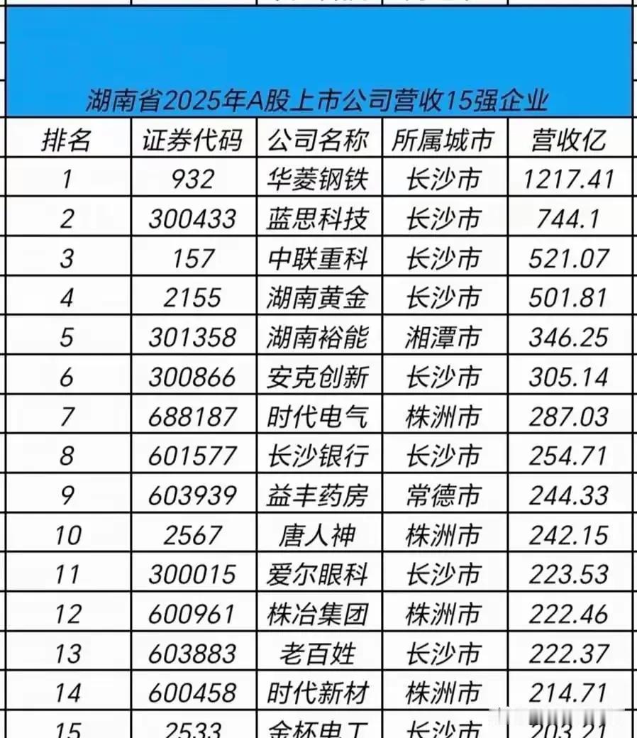 长株潭威武！
湖南省2025年A股上市公司营收15强企业长株潭14家！剩余一席被