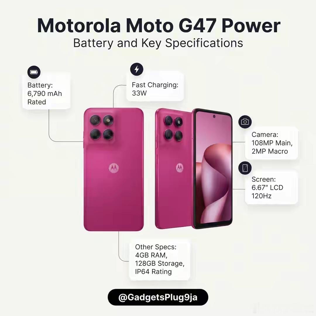 摩托罗拉Moto G47 Power的认证信息曝光，超大电池是这款新机最大亮点。