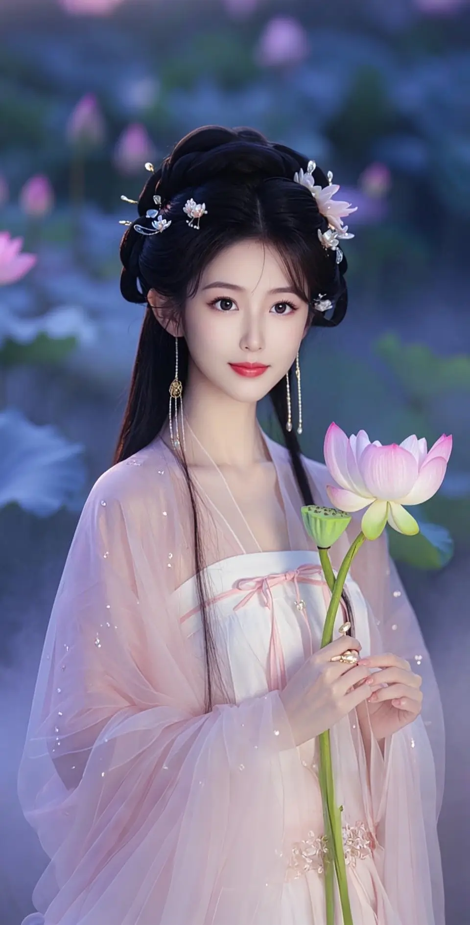 AI扩图 AI粉荷神女姿