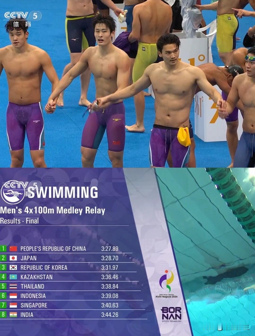 亚运会男子4×100米自由泳接力，中国队成功卫冕！四位小将默契配合，劈波斩浪，全