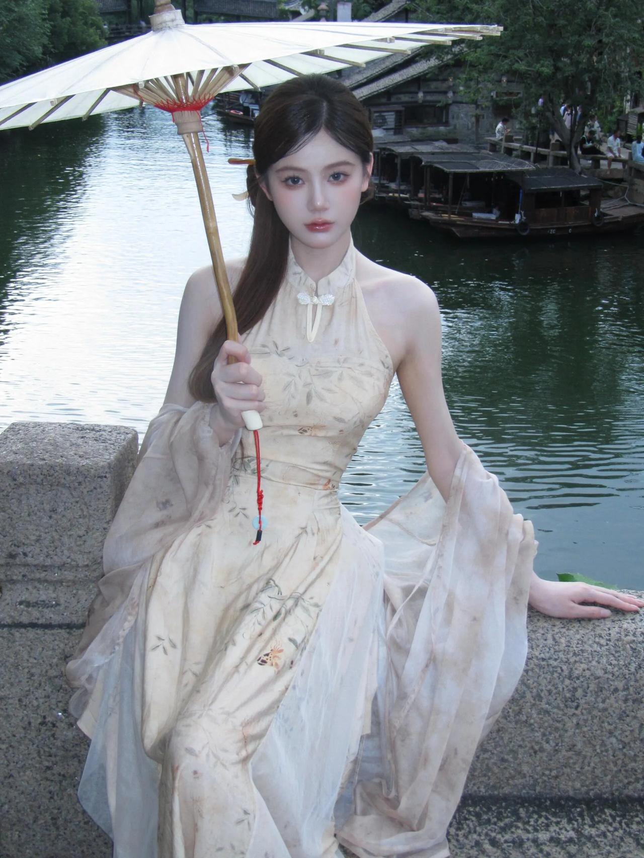 水乡佳人撑伞立