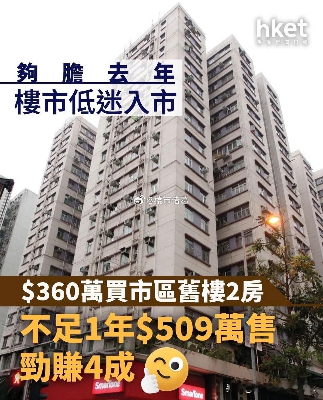 据港媒报道，红磡一老小区的2房，原业主去年6月份以360万买入，最近509万卖掉
