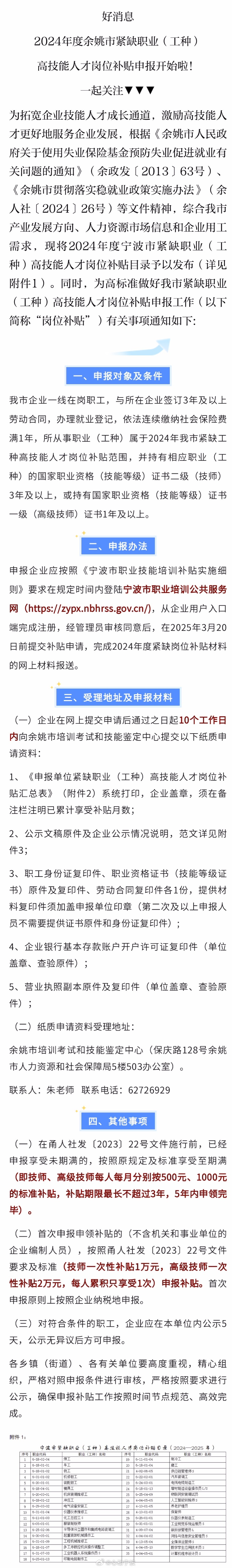 【余姚这些人有补贴最高2万元 】好消息2024年度余姚市紧缺职业（工种）高技能人