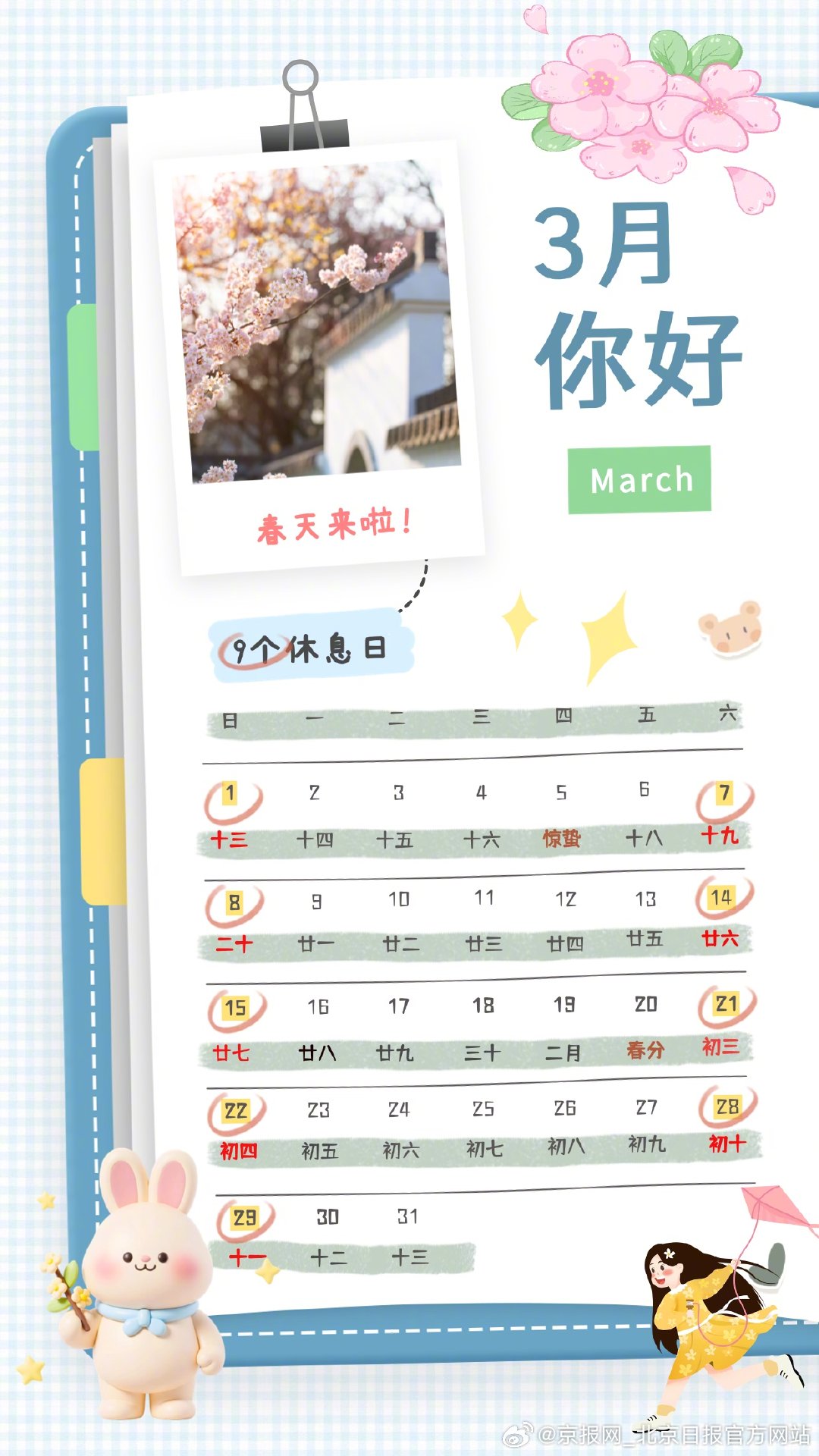 【你好3月！#3月有9个休息日# 】#3月顺顺顺顺顺# 今天是2026年3月1日