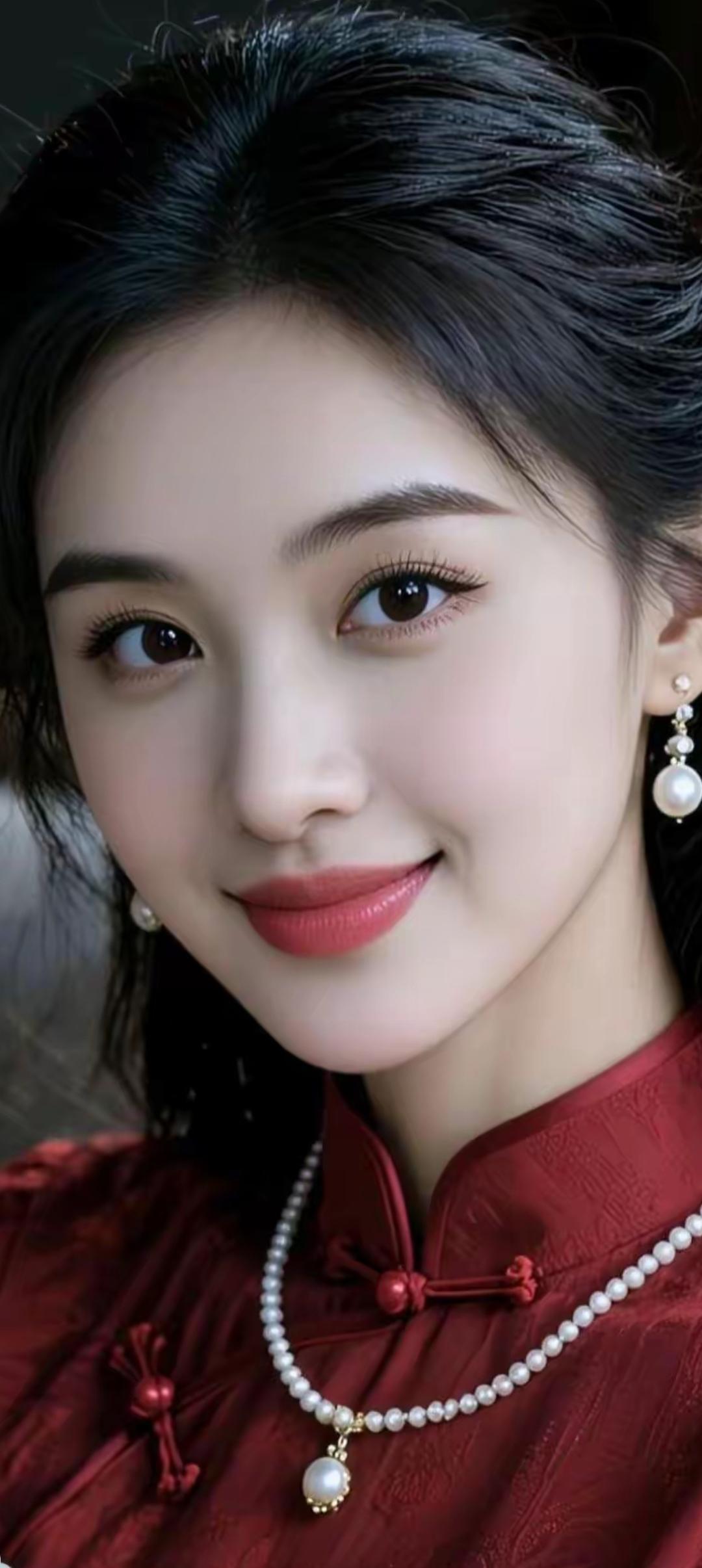 优雅红衣美人，珍珠项链点缀，温婉动人！💕✨