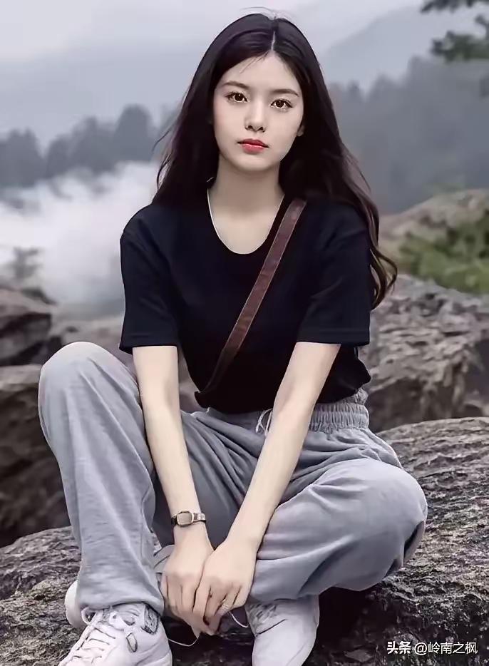 山间少女，静坐岩石，黑衫灰裤，自然清新