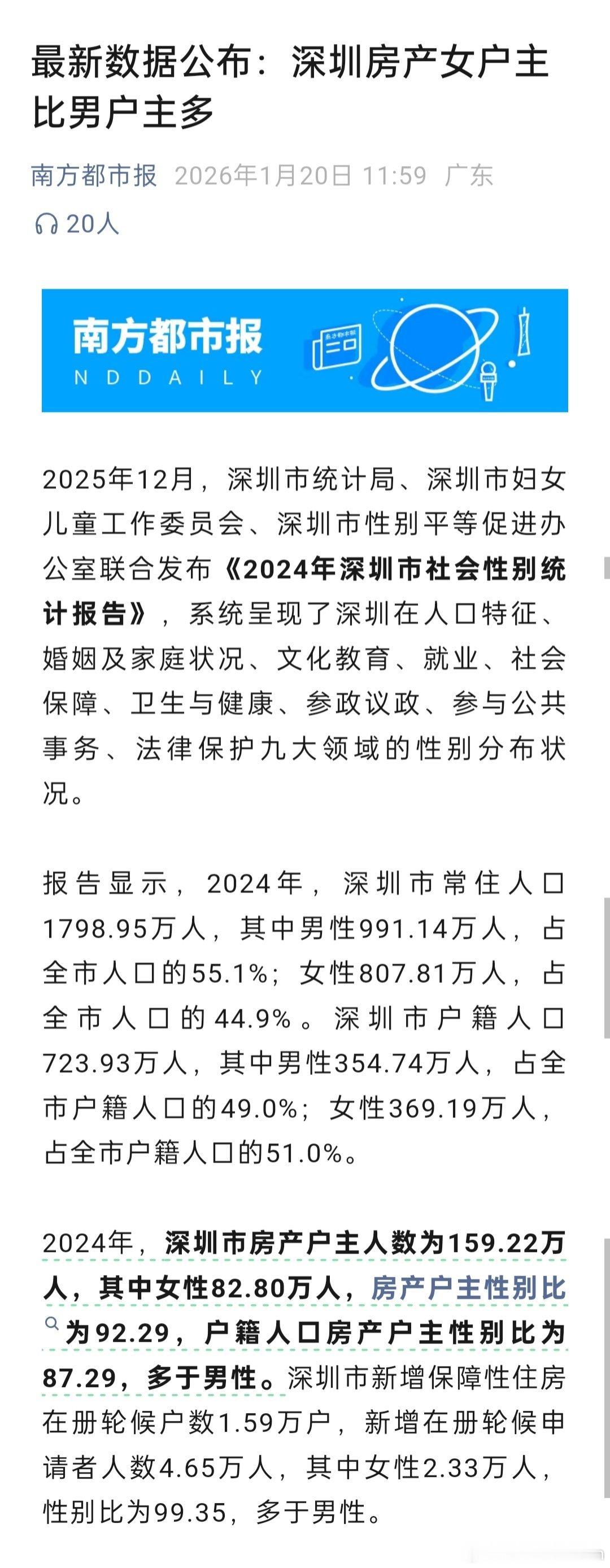最新数据公布：深圳房产女户主比男户主多