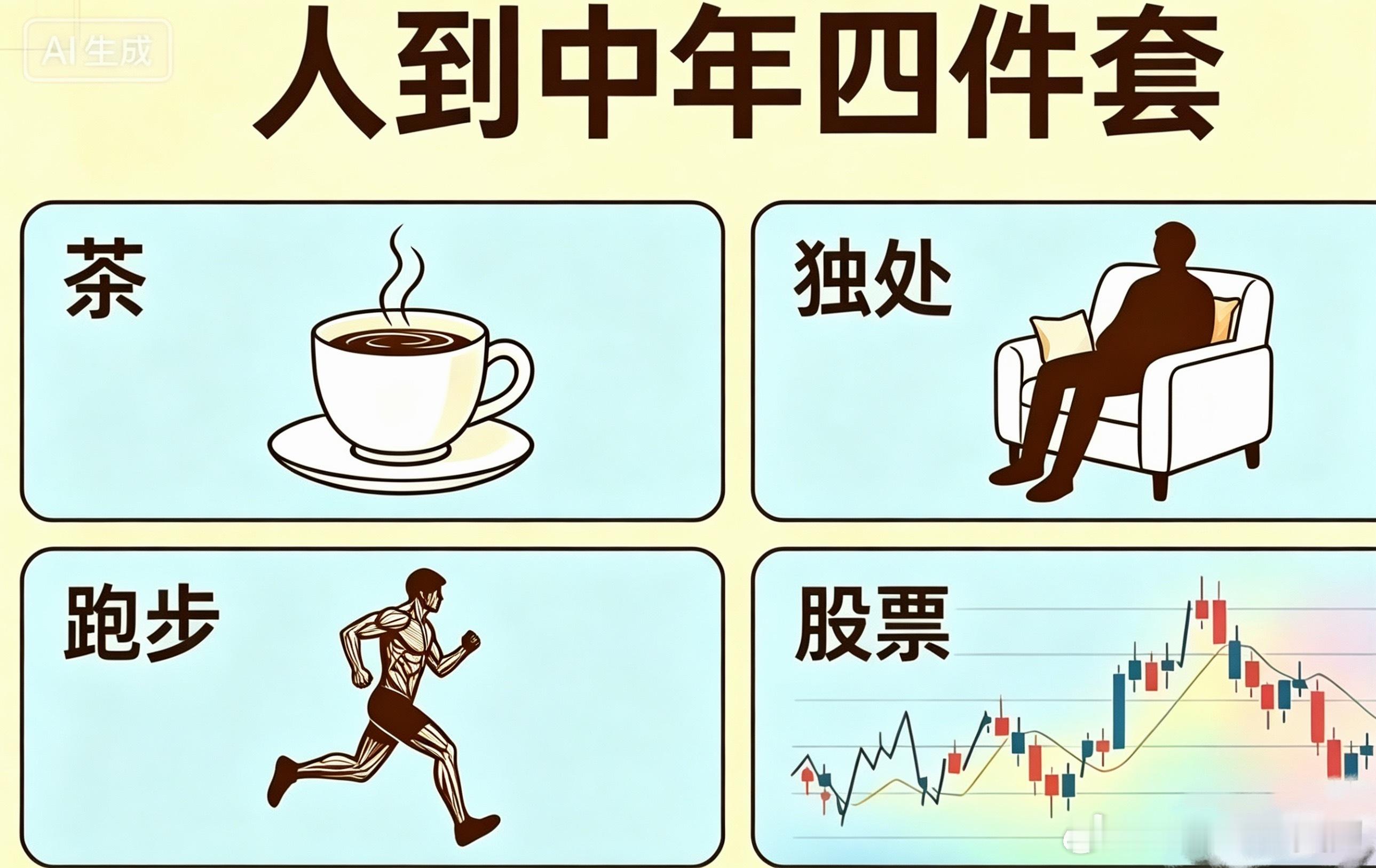 中年打工人终极四件套：靠喝茶解压，靠独处回血靠跑步养生，靠股票破防😮💨谁的日
