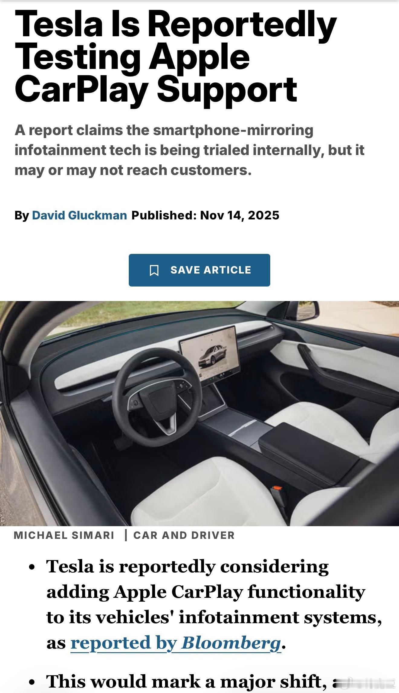 基于知情人士透露：特斯拉计划将 CarPlay 集成到其车机界面中，支持无线连接