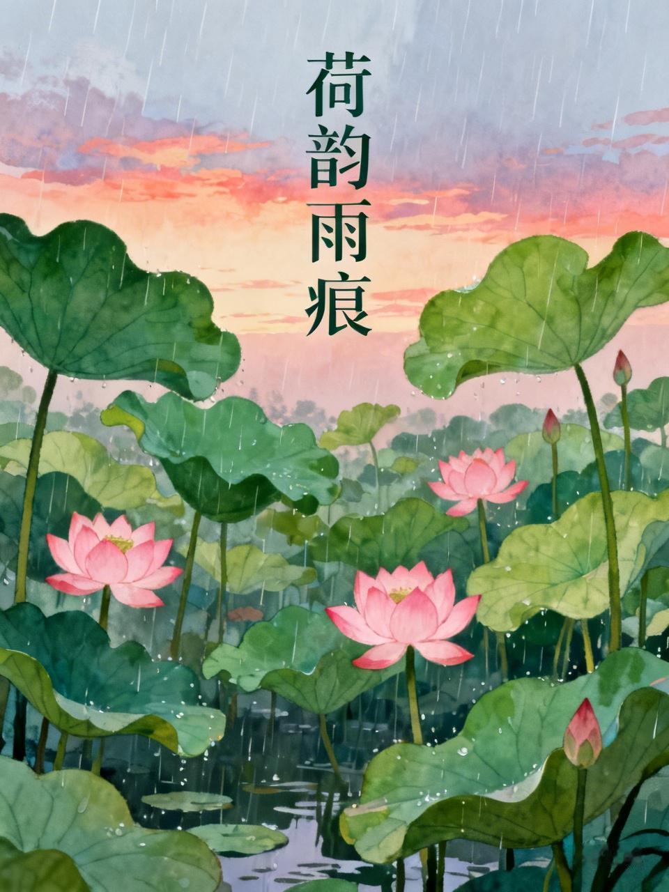 七绝～荷韵雨痕
荷韵幽幽浸晚霞，
雨痕轻洗旧时槎。
回眸一顾烟波里，
新翠万顷仙