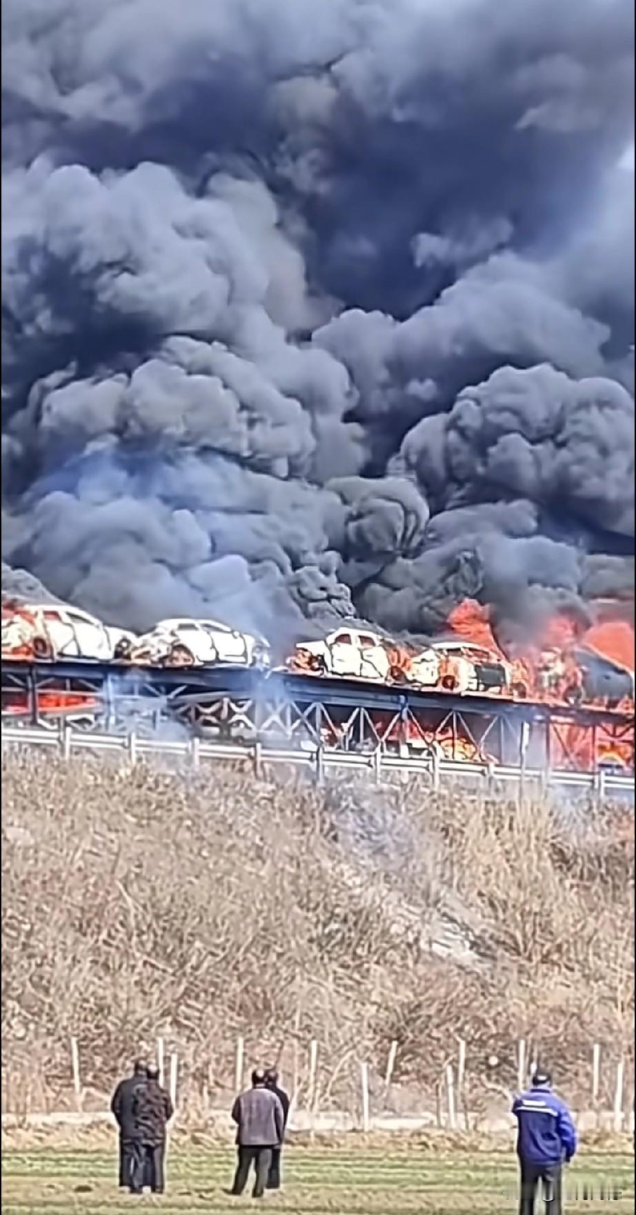 这大火烧的也太大了，现场火光冲天，浓烟滚滚，板车上装载的多辆新车瞬间被烈火吞噬，