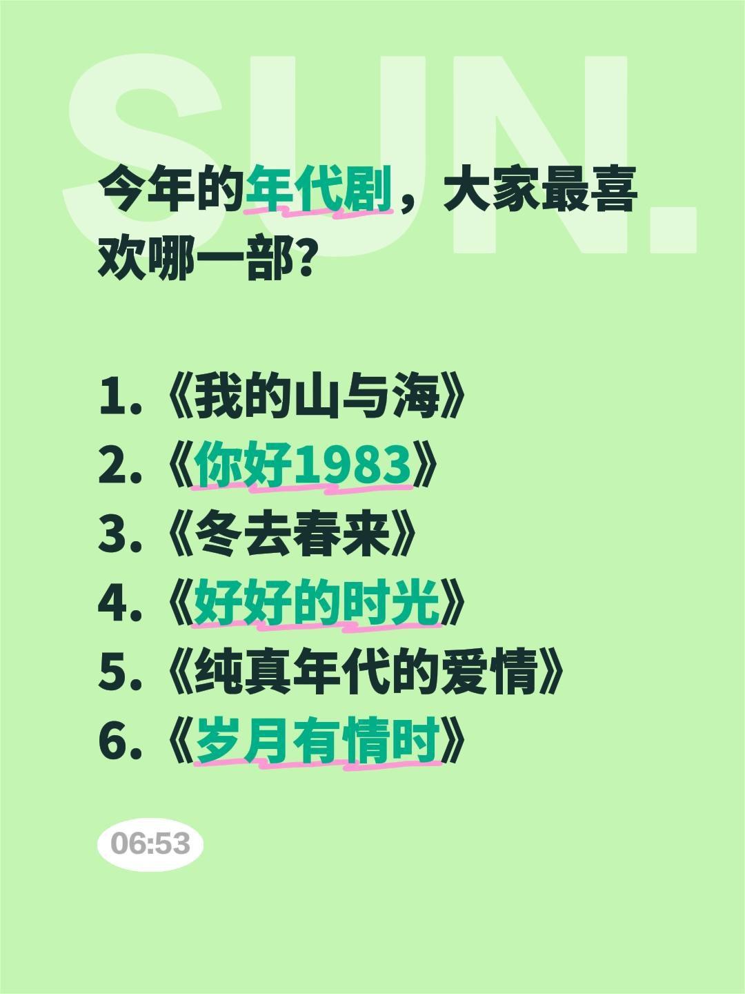 今年的年代剧，大家最喜欢哪一部？

1.《我的山与海》
2.《你好1983》
3